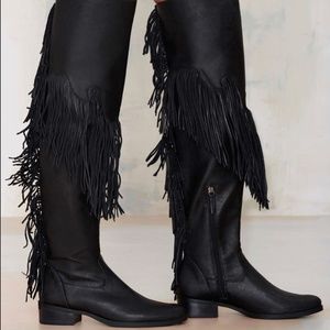Schutz Kim thigh high leather fringe boots